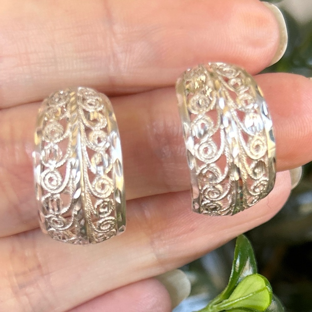 Vintage Sterling Silver Filigree Half Hoop Earrings